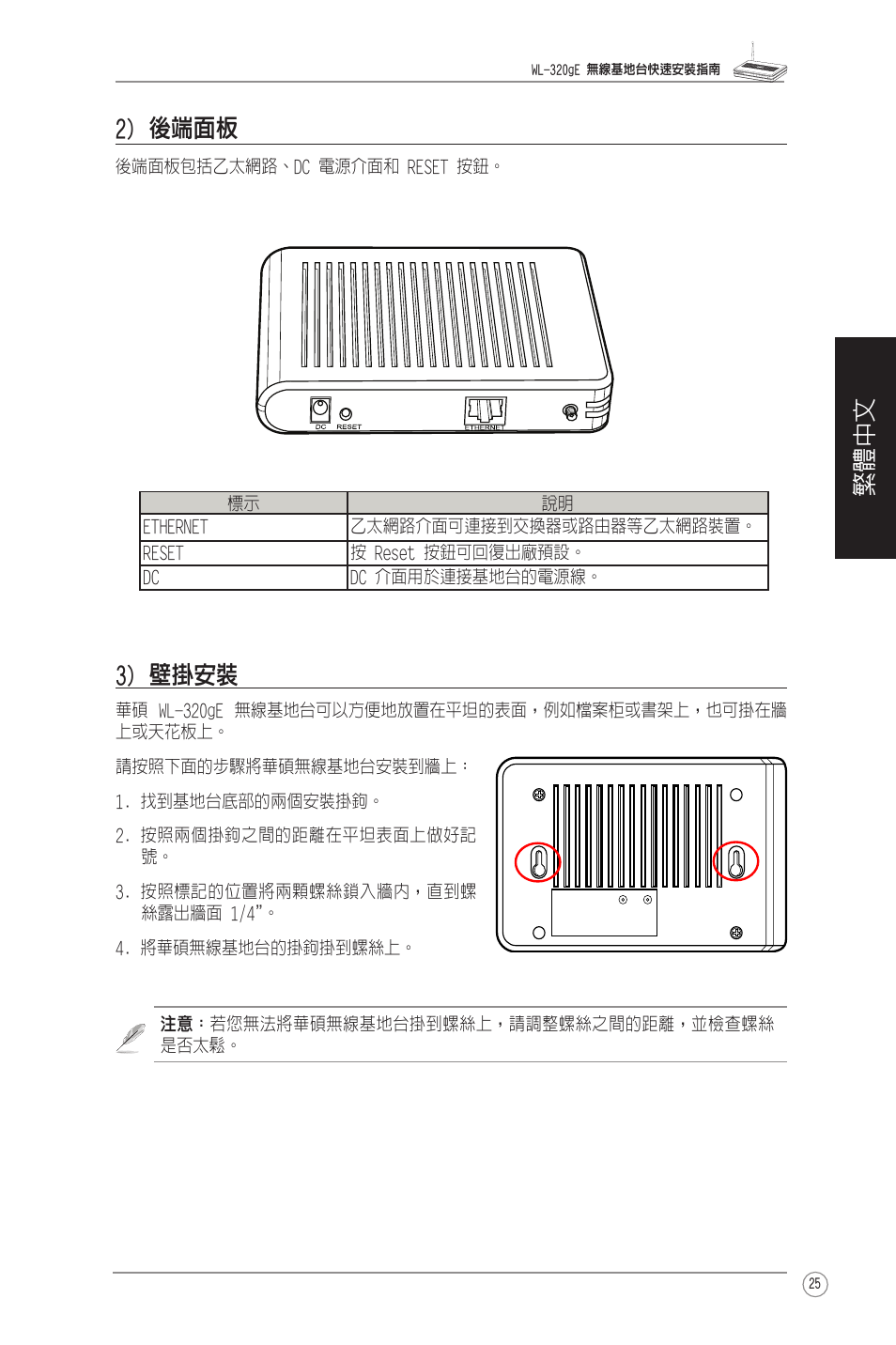 繁體中文 3) 壁掛安裝, 2) 後端面板 | Asus WL-320gE User Manual | Page 26 / 58