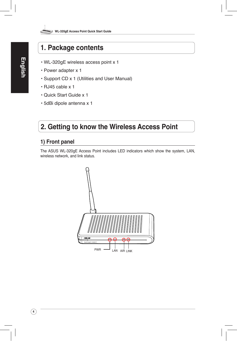 1).front.panel, English 1) front panel | Asus WL-320gE User Manual | Page 5 / 58