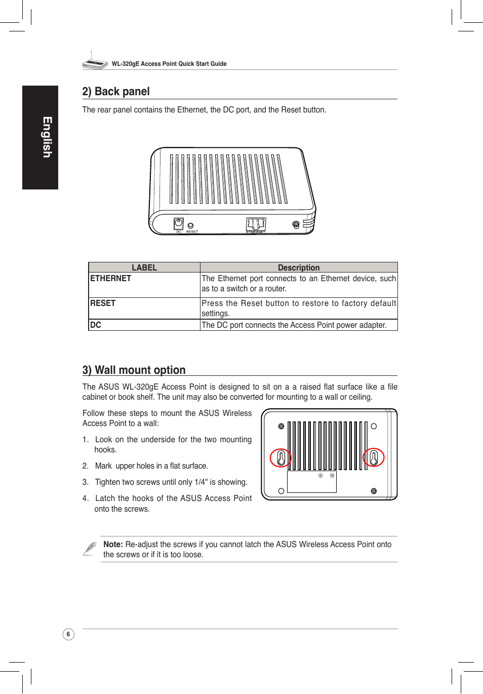 English 3) wall mount option, 2) back panel | Asus WL-320gE User Manual | Page 7 / 58