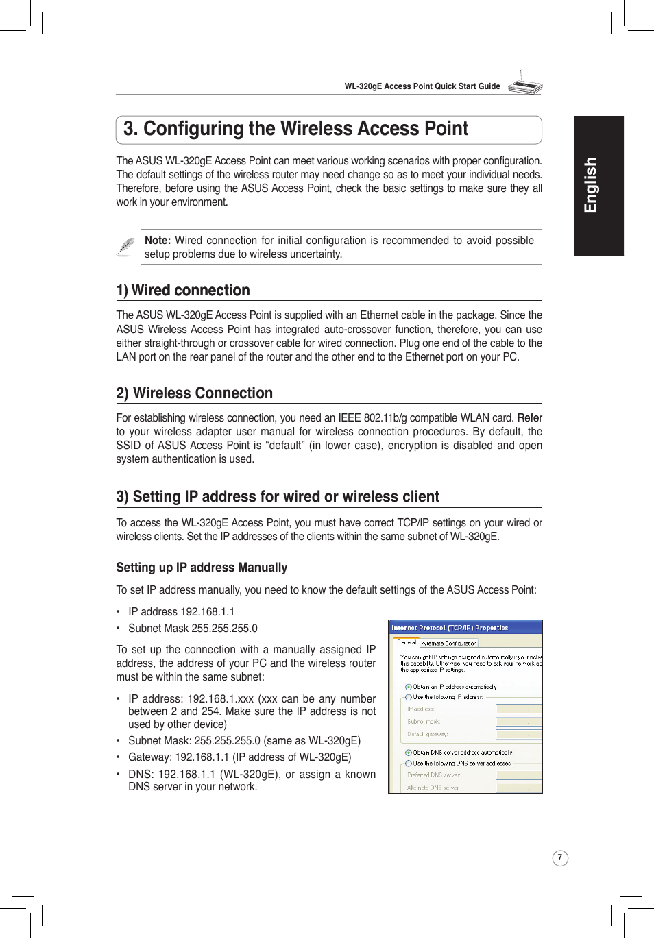 Configuring the wireless access point, English, 1) wire�� connection ired connection | 2) wireless connection | Asus WL-320gE User Manual | Page 8 / 58