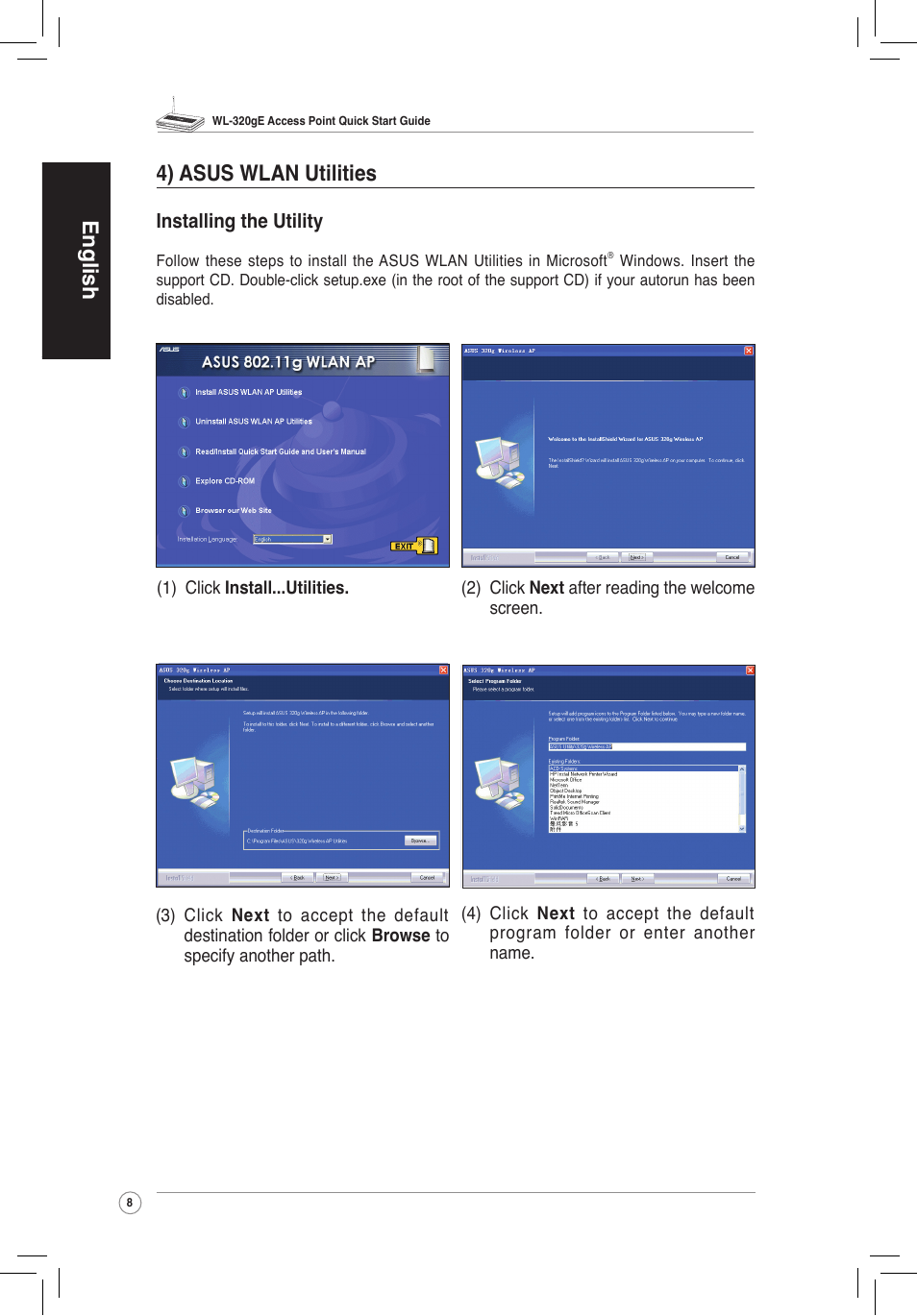 4).asus.wlan.utilities, English 4) asus wlan utilities, Installing the utility | Asus WL-320gE User Manual | Page 9 / 58