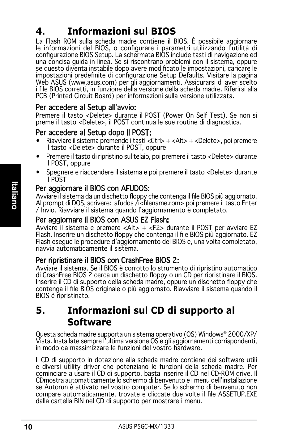 Informazioni sul bios, Informazioni sul cd di supporto al software, Italiano | Asus P5GC-MX/1333 User Manual | Page 10 / 38