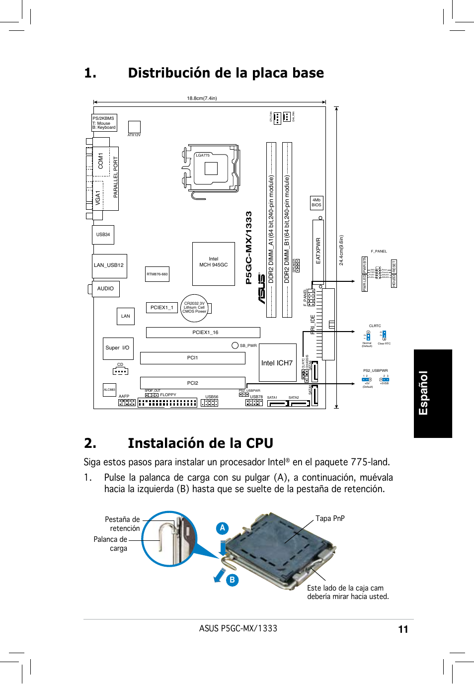 Español, Siga estos pasos para instalar un procesador intel, Ab b | Intel ich7 | Asus P5GC-MX/1333 User Manual | Page 11 / 38