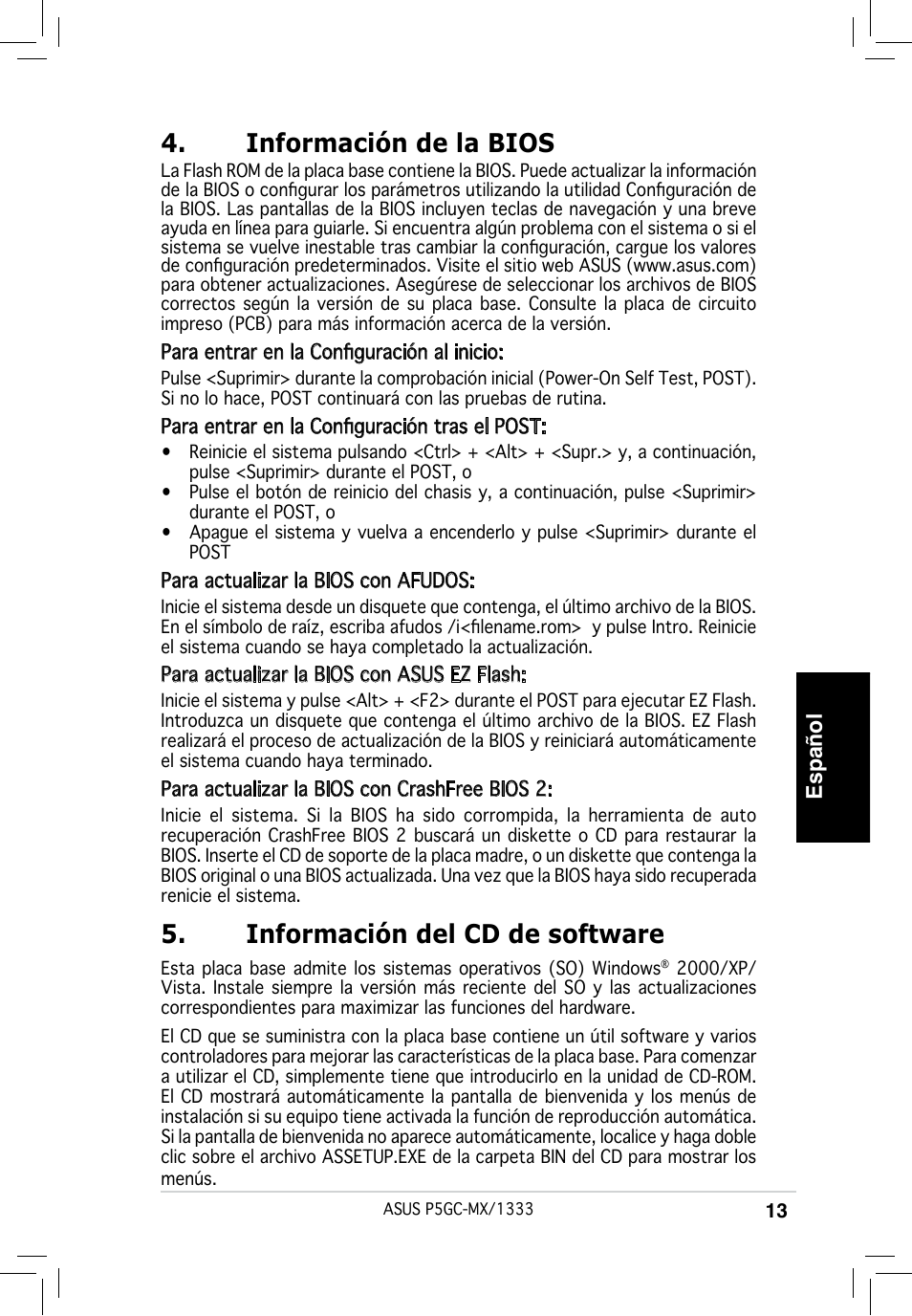 Información de la bios, Información del cd de software, Español | Asus P5GC-MX/1333 User Manual | Page 13 / 38