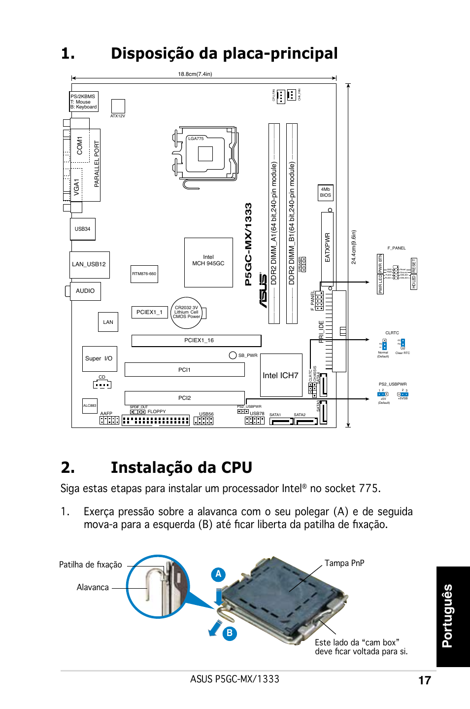 Disposição da placa-principal 2. instalação da cpu, Português, Ab b | Intel ich7 | Asus P5GC-MX/1333 User Manual | Page 17 / 38