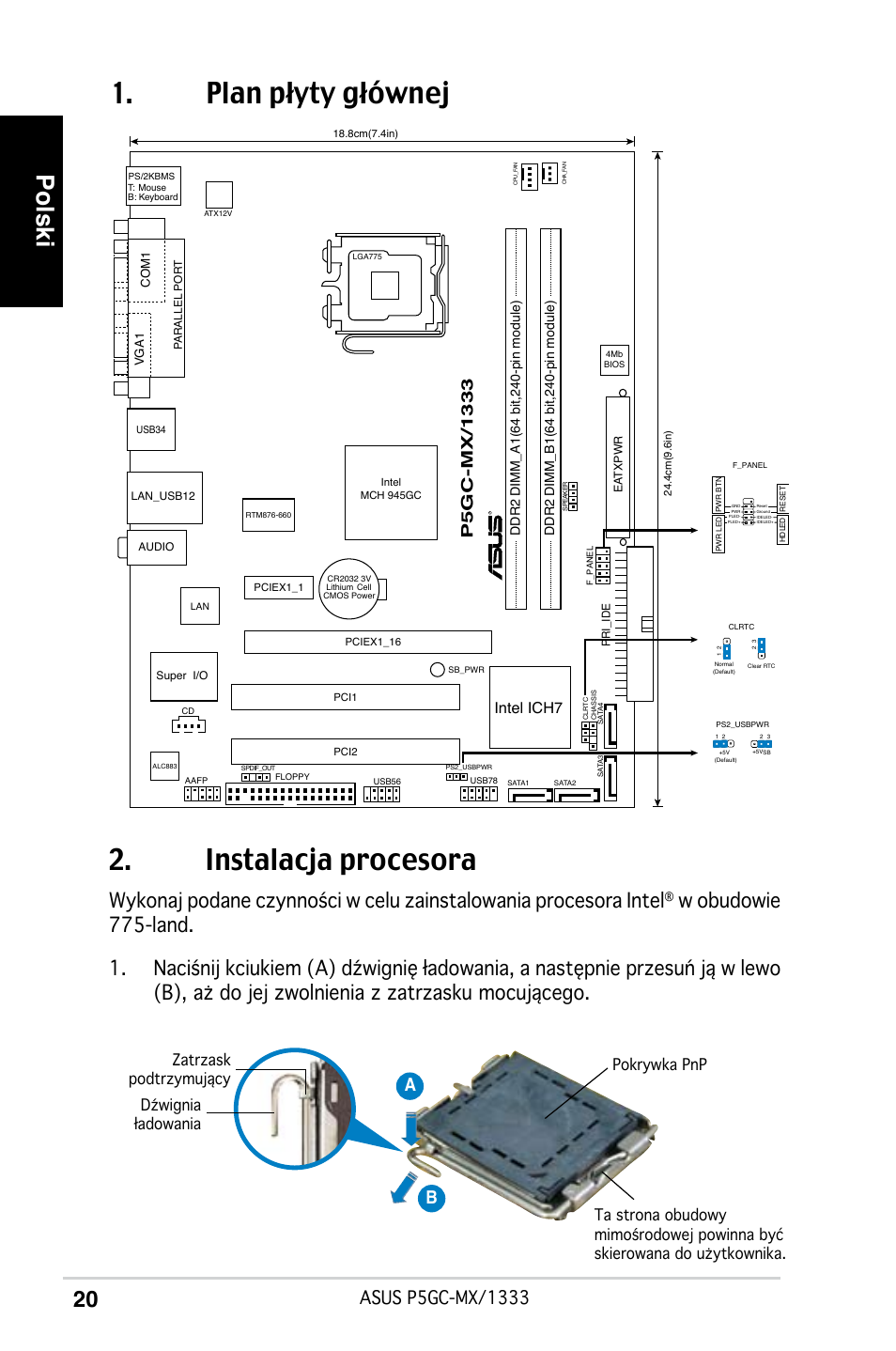 Plan płyty głównej 2. instalacja procesora, Polski, Ab b | Intel ich7 | Asus P5GC-MX/1333 User Manual | Page 20 / 38