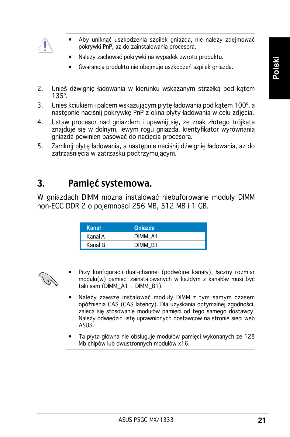 Pamięć systemowa, Polski | Asus P5GC-MX/1333 User Manual | Page 21 / 38