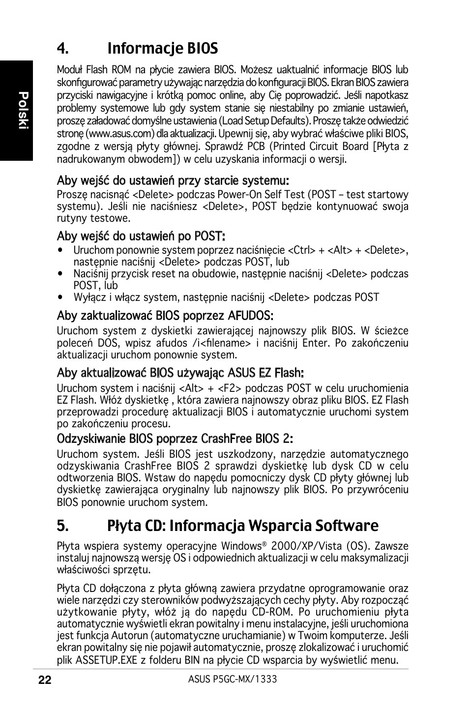 Informacje bios, Płyta cd: informacja wsparcia software, Polski | Asus P5GC-MX/1333 User Manual | Page 22 / 38