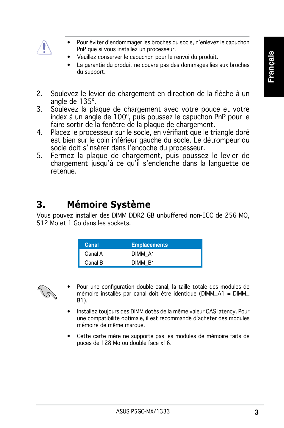 Mémoire système, Français | Asus P5GC-MX/1333 User Manual | Page 3 / 38