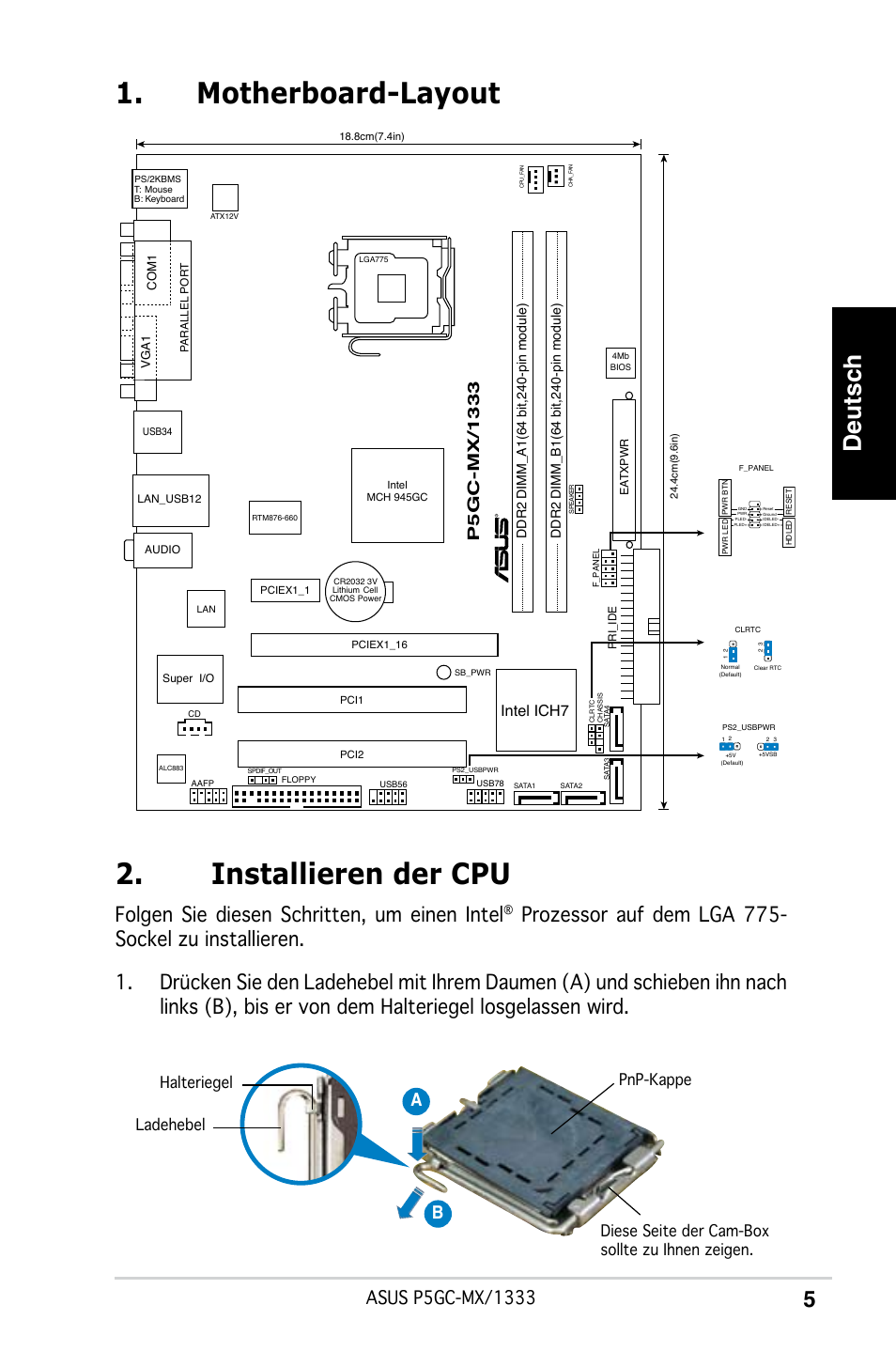 Motherboard-layout 2. installieren der cpu, Deutsch, Folgen sie diesen schritten, um einen intel | Ab b, Pgc-mx/1333, Intel ich7 | Asus P5GC-MX/1333 User Manual | Page 5 / 38