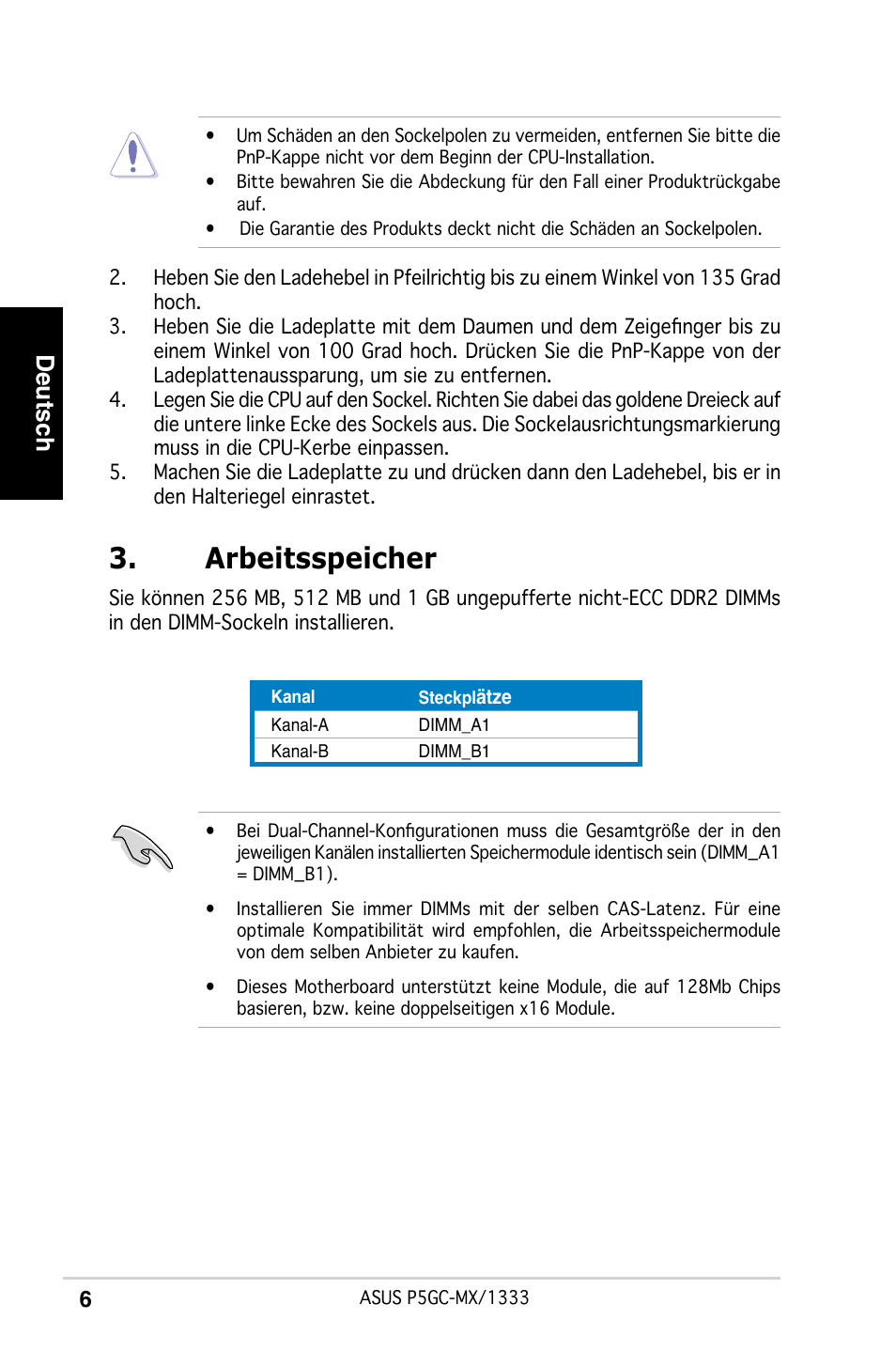 Arbeitsspeicher, Deutsch | Asus P5GC-MX/1333 User Manual | Page 6 / 38