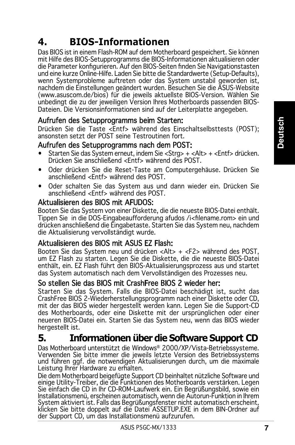 Bios-informationen, Informationen über die software support cd, Deutsch | Asus P5GC-MX/1333 User Manual | Page 7 / 38