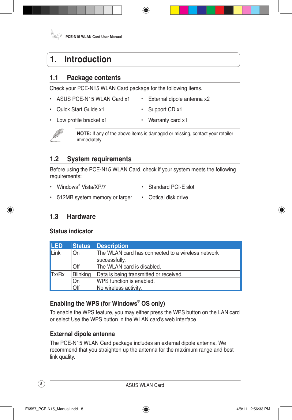 Introduction, 1 package contents, 2 system requirements | 3 hardware | Asus PCE-N15 User Manual | Page 11 / 35