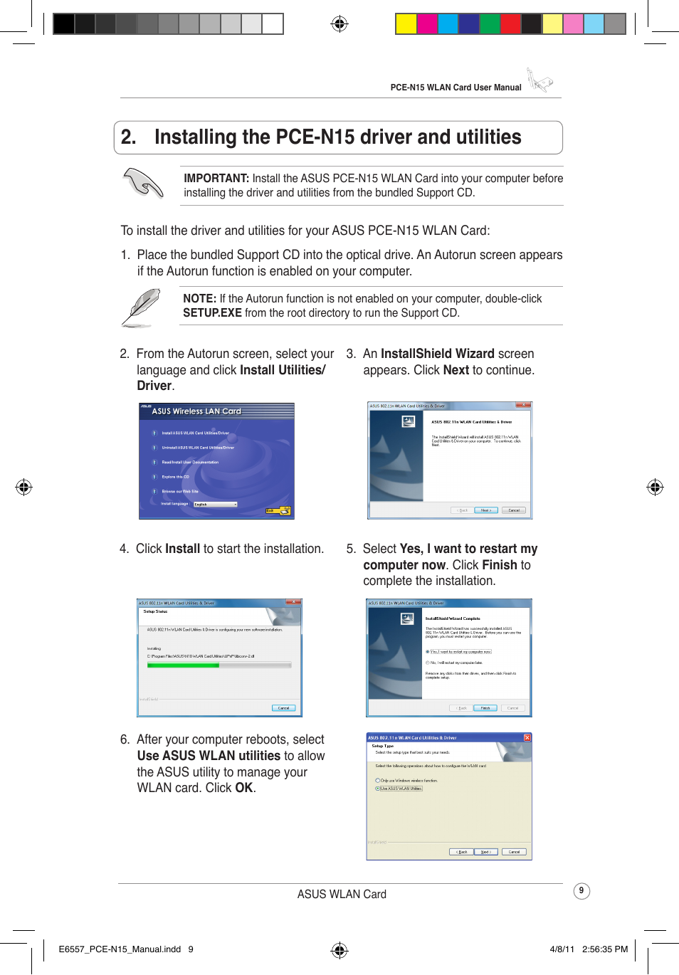 Installing the pce-n15 driver and utilities | Asus PCE-N15 User Manual | Page 12 / 35