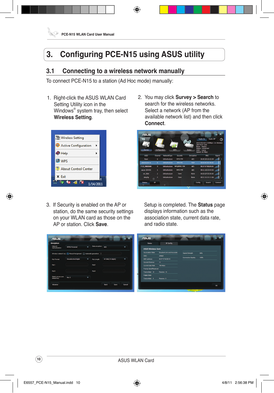 Configuring pce-n15 using asus utility, 1 connecting to a wireless network manually | Asus PCE-N15 User Manual | Page 13 / 35