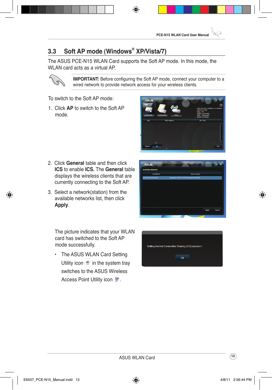 3 soft ap mode (windows® xp/vista/7), 3 soft ap mode (windows, Xp/vista/7) | Asus PCE-N15 User Manual | Page 16 / 35
