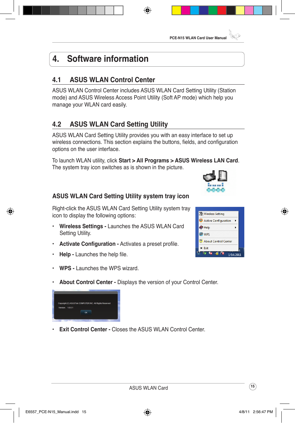 Software information, 1 asus wlan control center, 2 asus wlan card setting utility | Asus PCE-N15 User Manual | Page 18 / 35