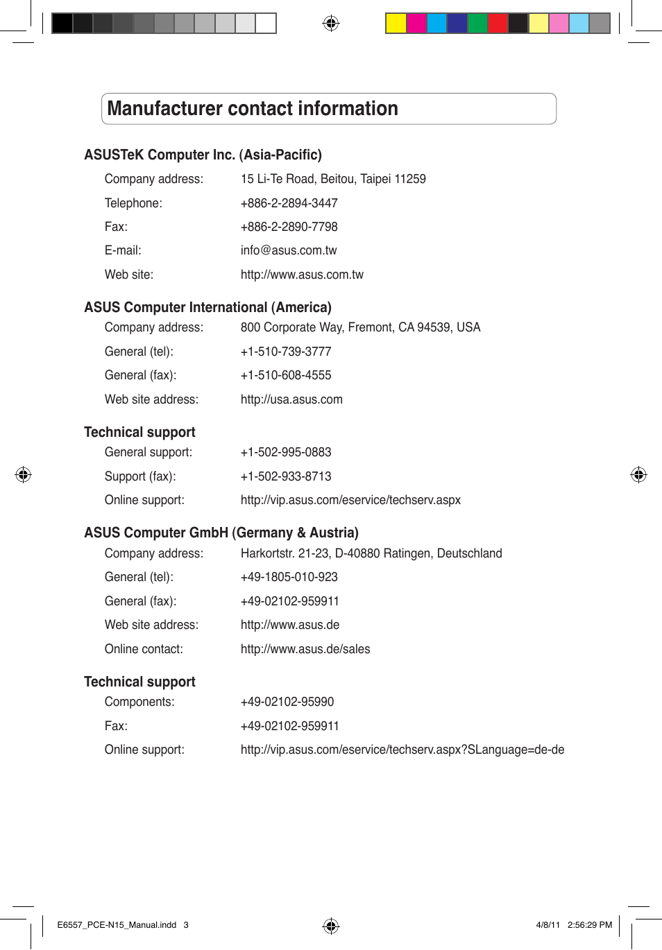 Manufacturer contact information | Asus PCE-N15 User Manual | Page 3 / 35