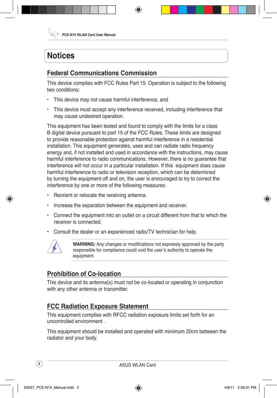 Notices, Federal communications commission, Prohibition of co-location | Fcc radiation exposure statement | Asus PCE-N15 User Manual | Page 5 / 35