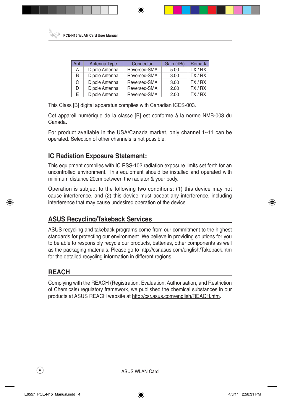 Ic radiation exposure statement, Asus recycling/takeback services, Reach | Asus PCE-N15 User Manual | Page 7 / 35