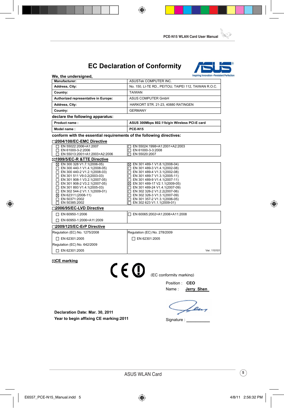 Hfodudwlrqri&rqiruplw, Asus wlan card | Asus PCE-N15 User Manual | Page 8 / 35