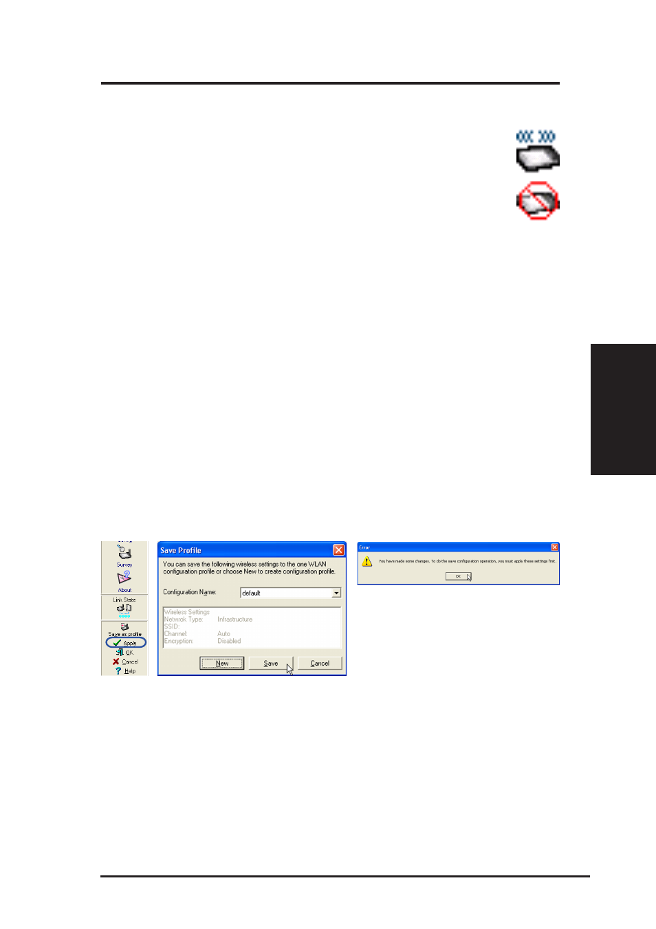 Chapter 3 - reference, Activate configuration, Radio state | Save as profile | Asus WL-100gDeluxe User Manual | Page 25 / 57