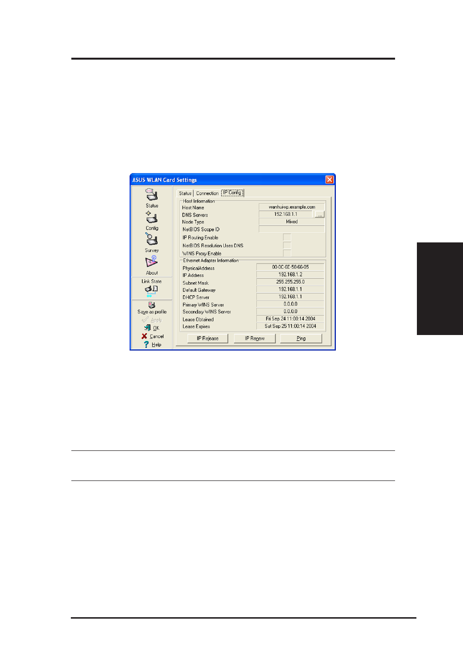 Status - ip config | Asus WL-100gDeluxe User Manual | Page 27 / 57