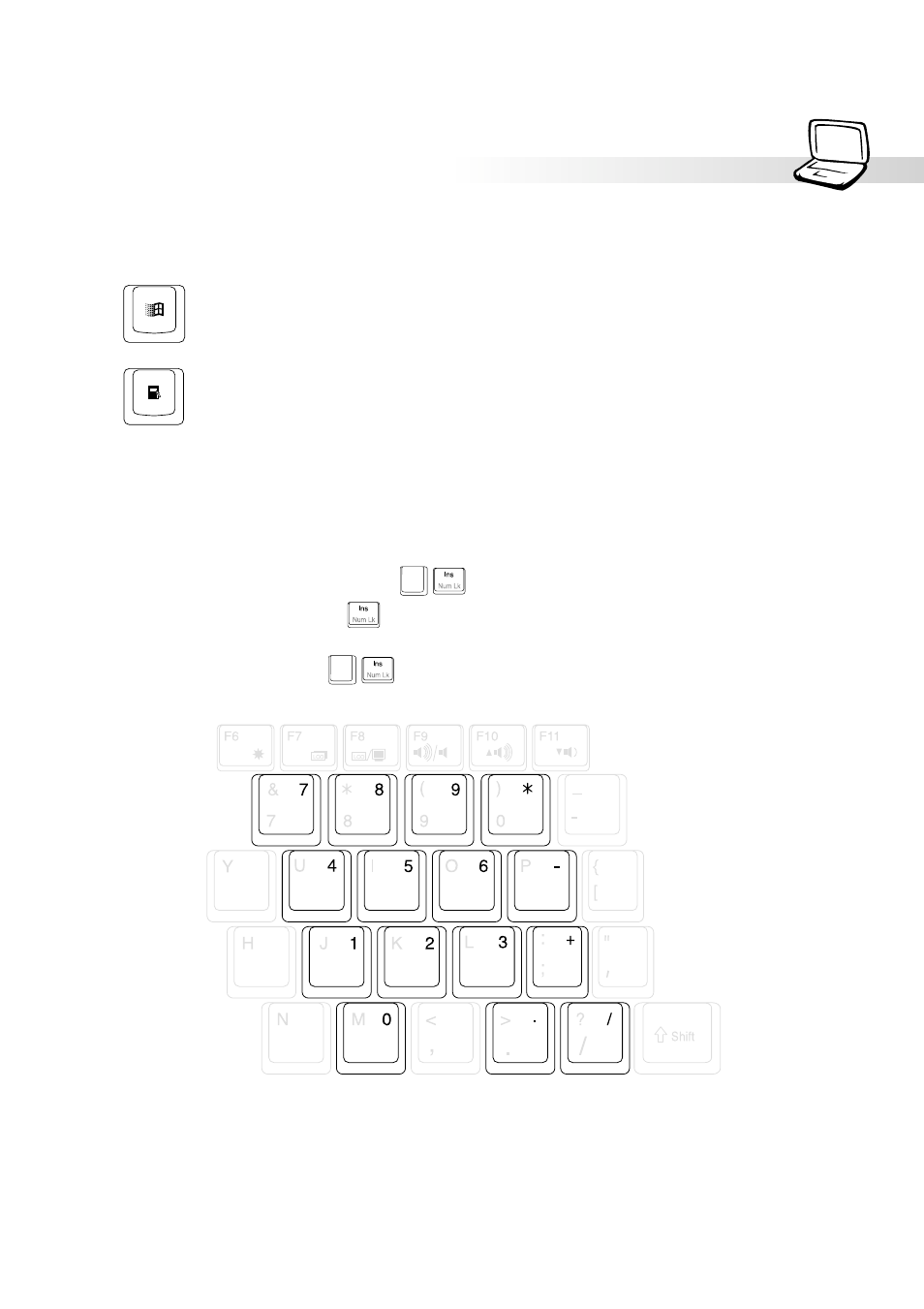 Microsoft windows™ keys, Keyboard as a numeric keypad, 31 3. getting started | Asus S82A/S86A User Manual | Page 31 / 92