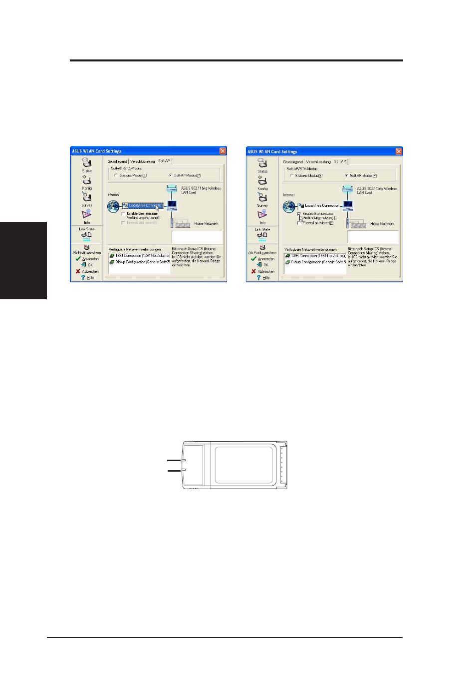 Soft ap (nur unter windows xp), Bedeutungen der asus wlan-statusanzeigen, Schnellstartanleitung | Asus WL-107g User Manual | Page 18 / 42