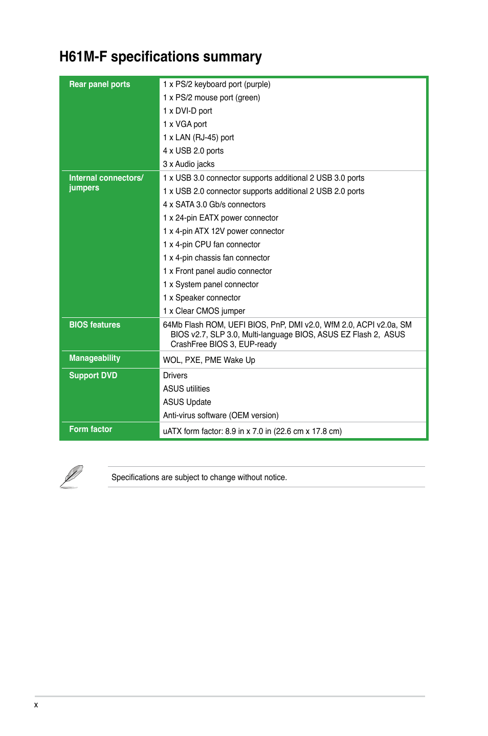 H61m-f specifications summary | Asus H61M-F User Manual | Page 10 / 74