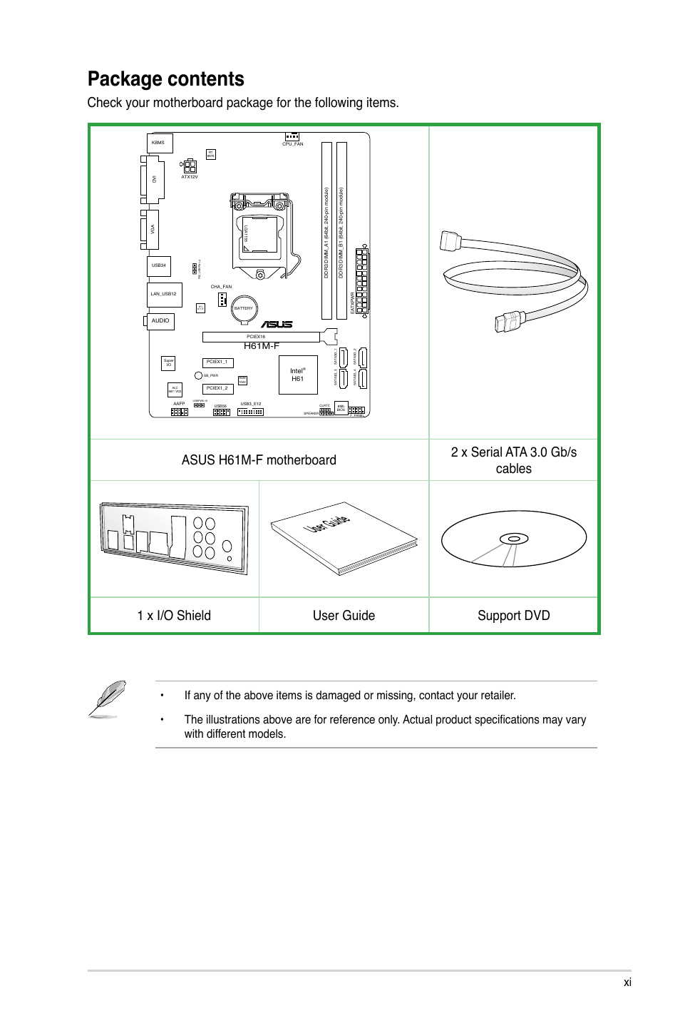 Package contents, User guide, 1 x i/o shield user guide support dvd | Asus H61M-F User Manual | Page 11 / 74