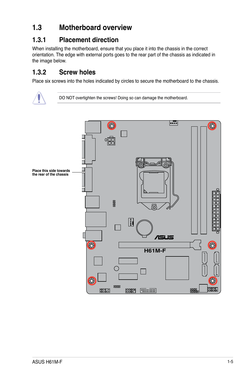 3 motherboard overview, 1 placement direction, 2 screw holes | Asus H61M-F User Manual | Page 17 / 74