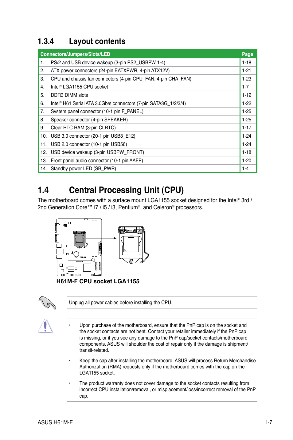 4 central processing unit (cpu), 4 layout contents | Asus H61M-F User Manual | Page 19 / 74