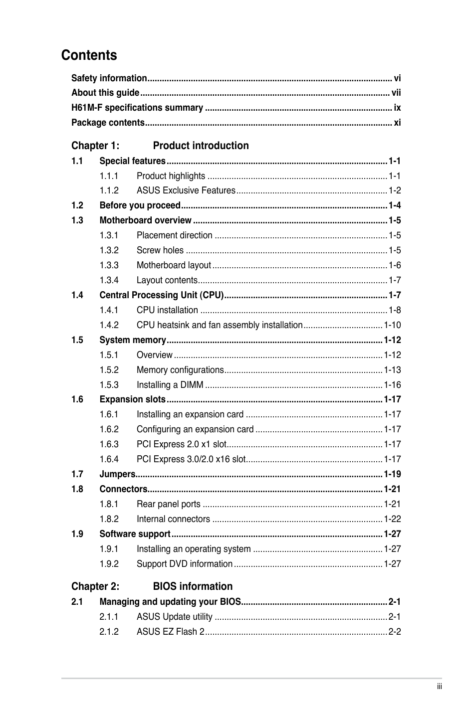 Asus H61M-F User Manual | Page 3 / 74