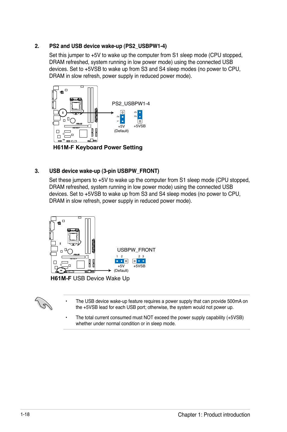 H61m-f keyboard power setting, H61m-f usb device wake up, Chapter 1: product introduction | Asus H61M-F User Manual | Page 30 / 74