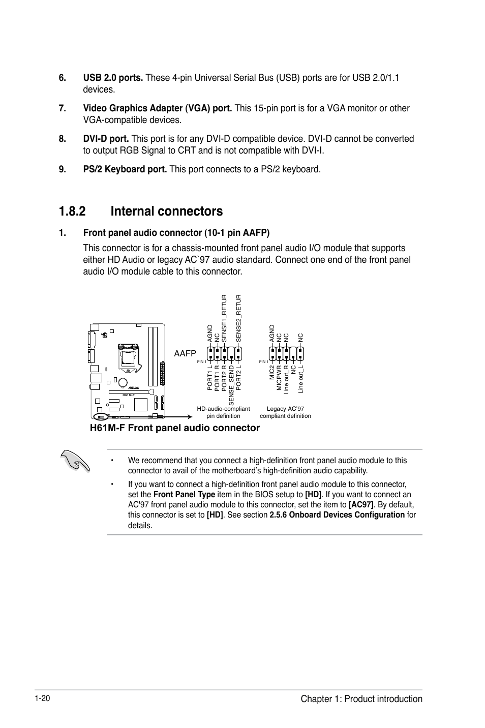 2 internal connectors, H61m-f front panel audio connector, Chapter 1: product introduction | Asus H61M-F User Manual | Page 32 / 74
