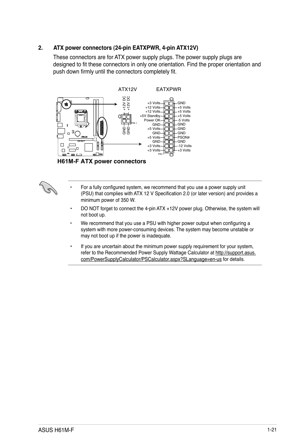 H61m-f atx power connectors, Asus h61m-f | Asus H61M-F User Manual | Page 33 / 74