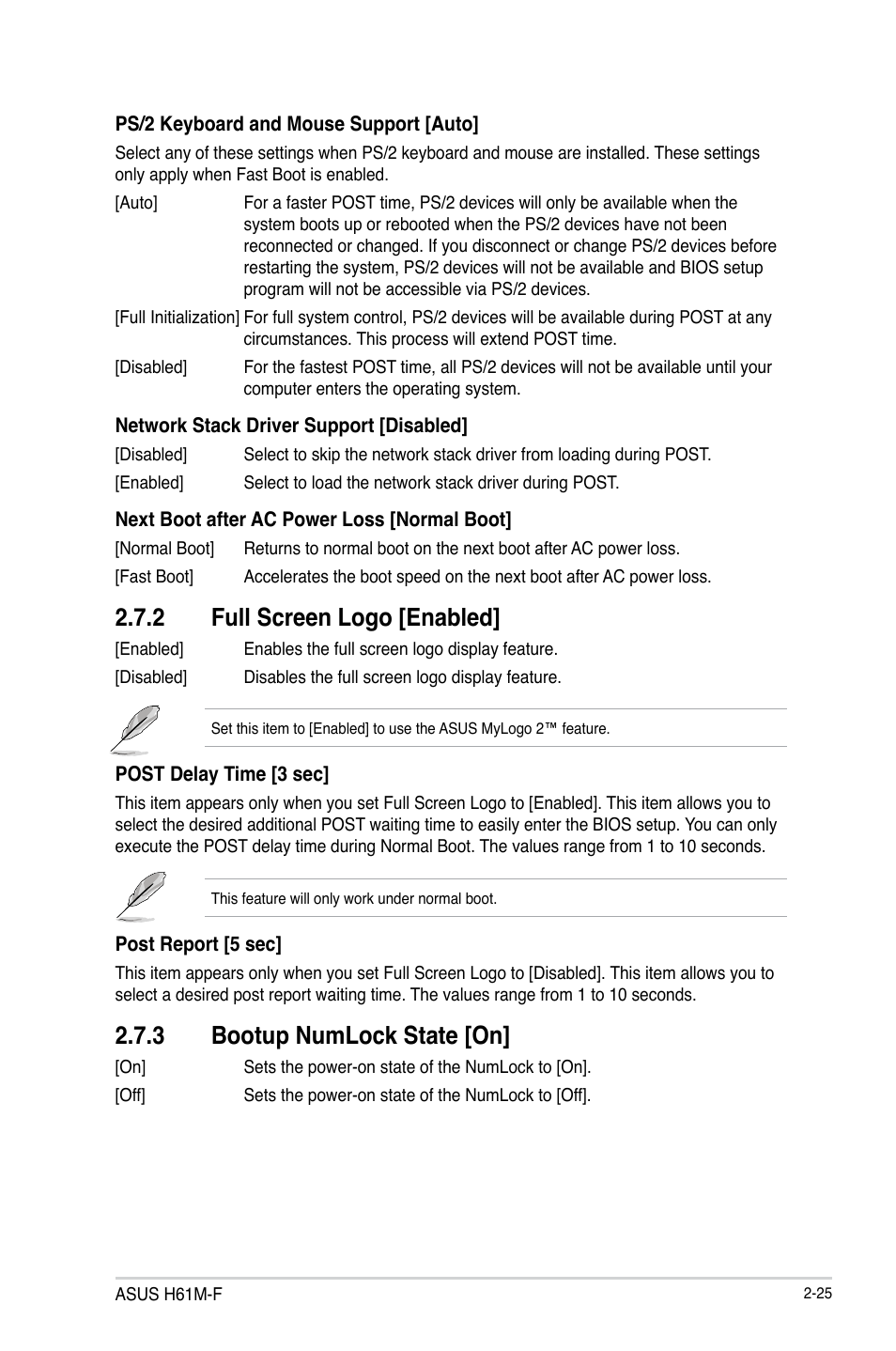 2 full screen logo [enabled, 3 bootup numlock state [on | Asus H61M-F User Manual | Page 63 / 74