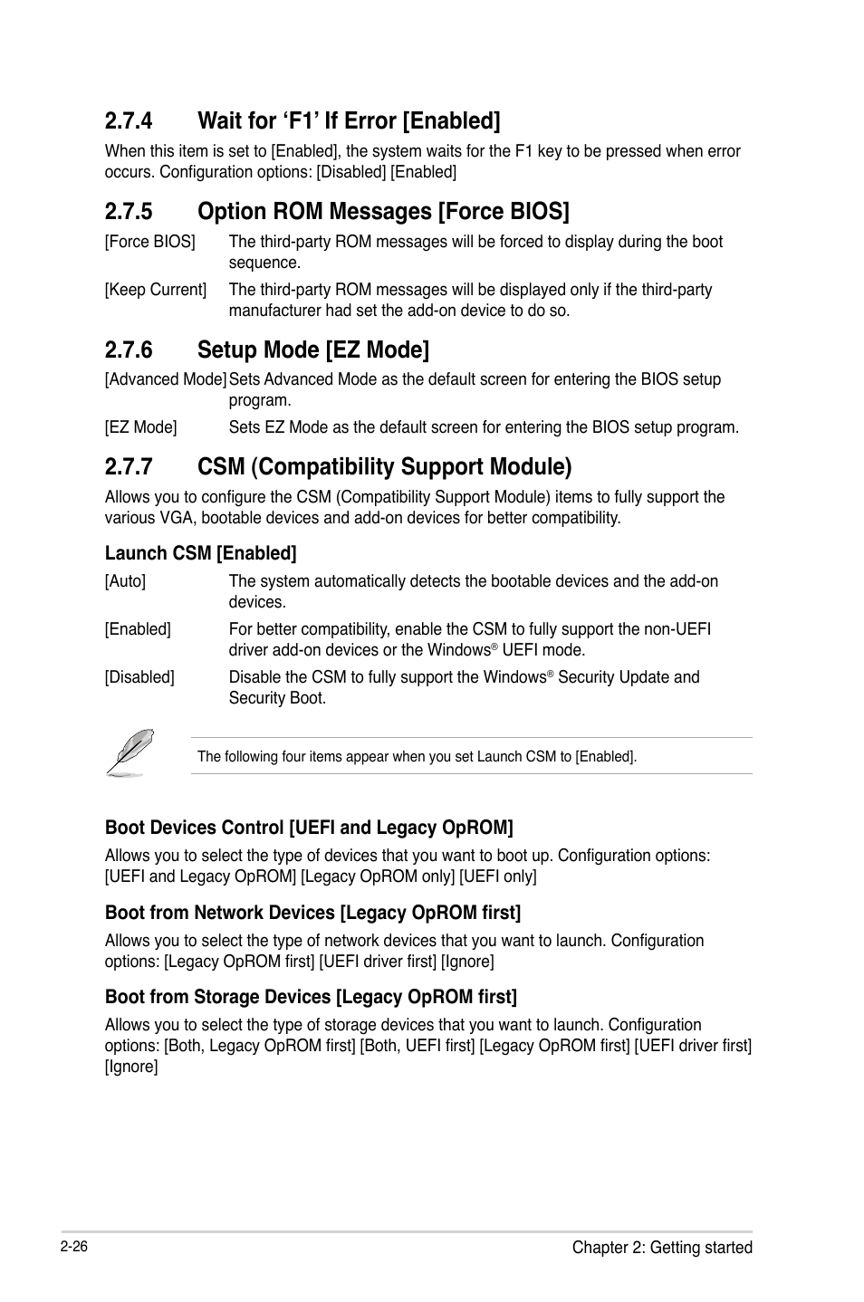 4 wait for ‘f1’ if error [enabled, 5 option rom messages [force bios, 6 setup mode [ez mode | 7 csm (compatibility support module) | Asus H61M-F User Manual | Page 64 / 74