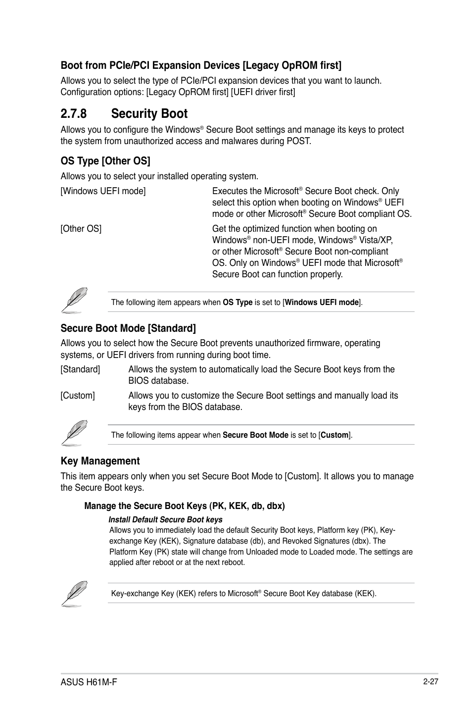 8 security boot, Os type [other os, Secure boot mode [standard | Key management | Asus H61M-F User Manual | Page 65 / 74