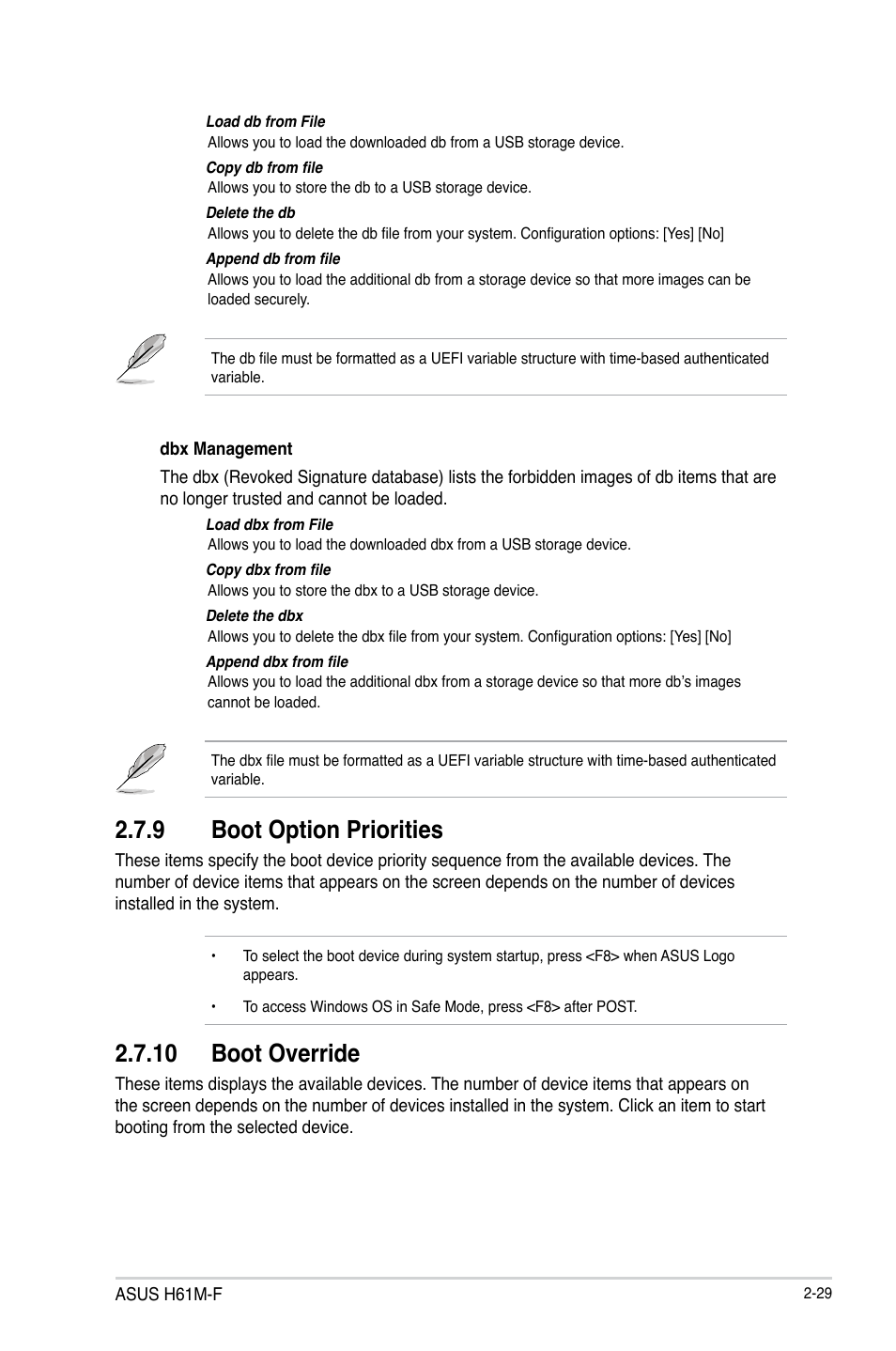 9 boot option priorities, 10 boot override | Asus H61M-F User Manual | Page 67 / 74