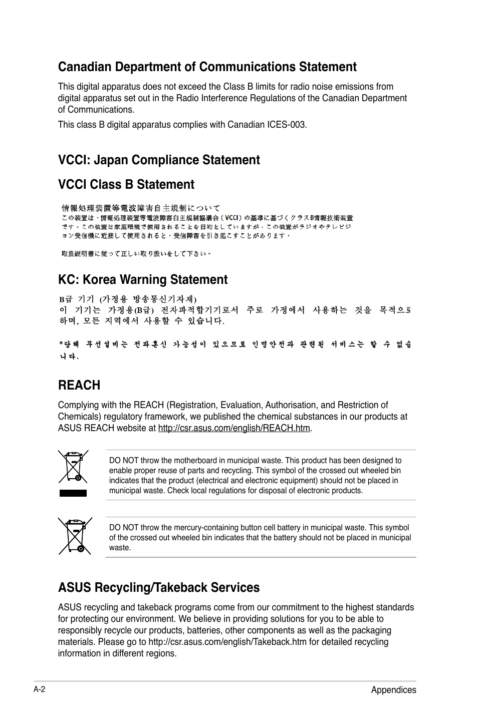 Canadian department of communications statement, Asus recycling/takeback services | Asus H61M-F User Manual | Page 72 / 74