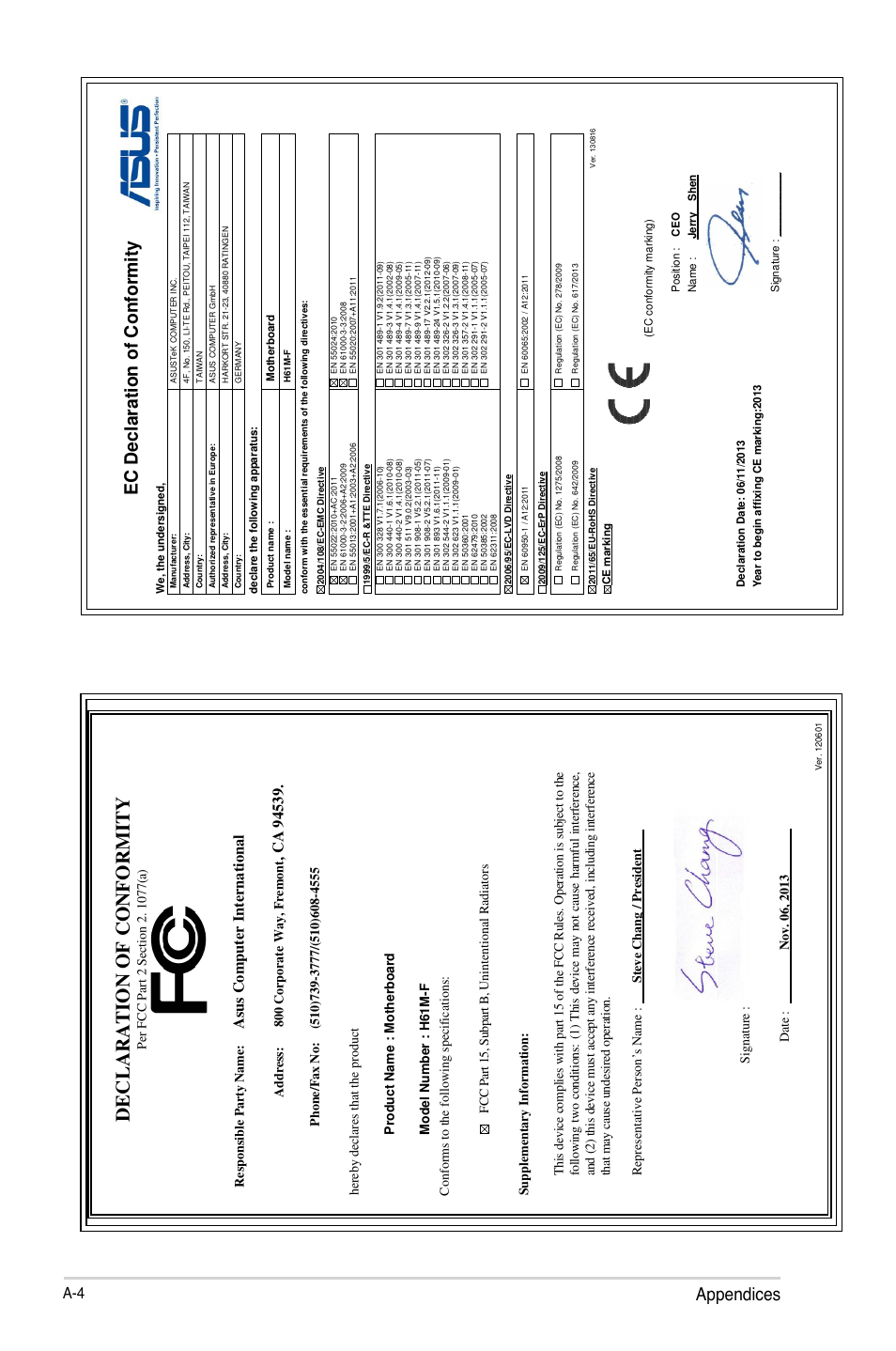 Appendices, A d d re ss : 800 c or p or at e w ay, f re m on t | Asus H61M-F User Manual | Page 74 / 74