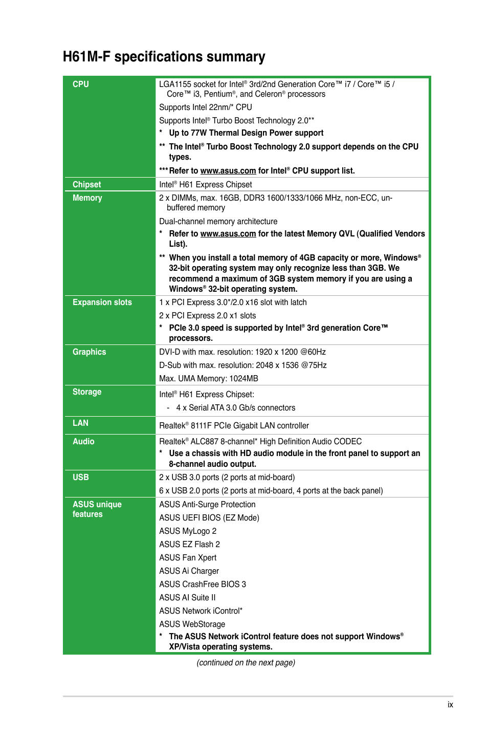 H61m-e specifications summary, H61m-f specifications summary | Asus H61M-F User Manual | Page 9 / 74