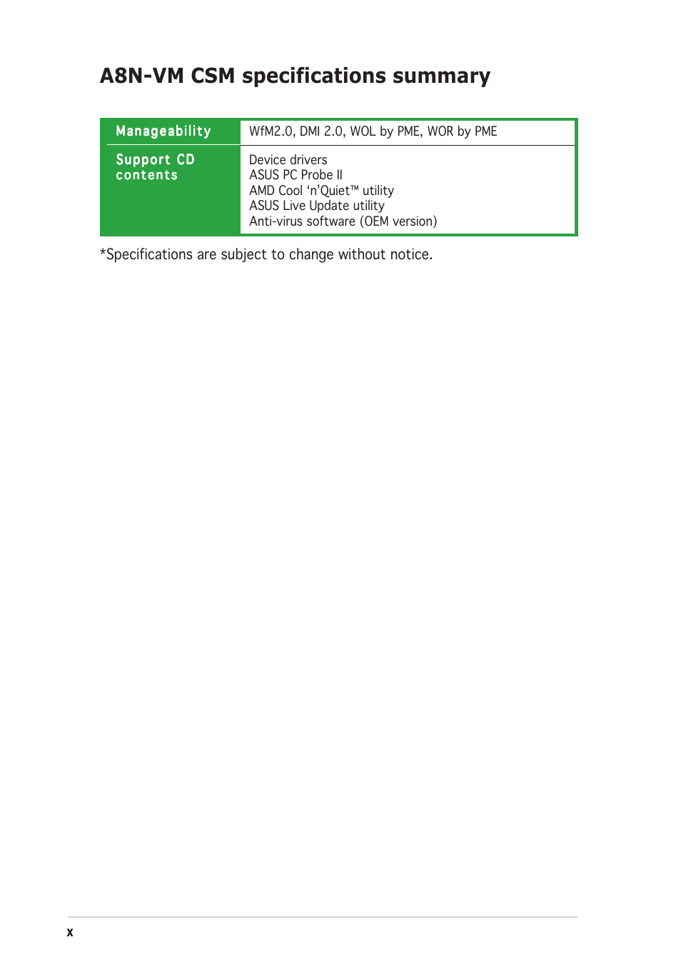 A8n-vm csm specifications summary | Asus A8N-VM CSM/NBP User Manual | Page 10 / 86