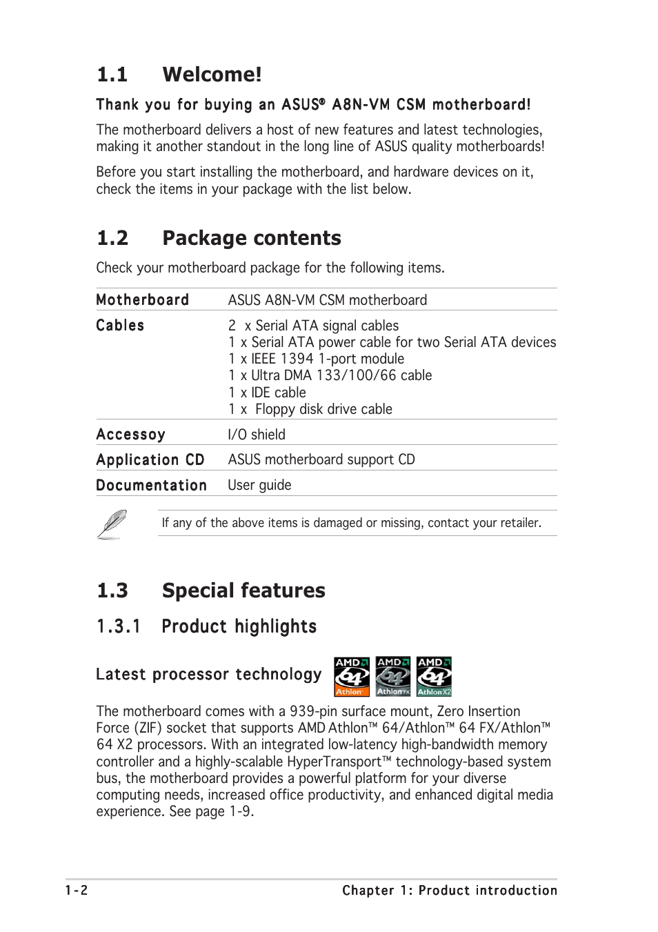 1 welcome, 2 package contents, 3 special features | Asus A8N-VM CSM/NBP User Manual | Page 12 / 86