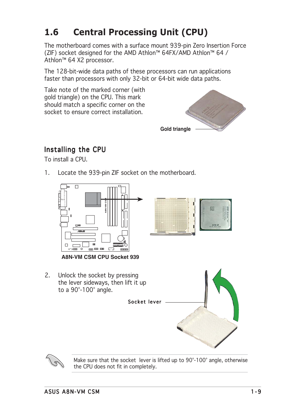 6 central processing unit (cpu), Installing the cpu | Asus A8N-VM CSM/NBP User Manual | Page 19 / 86