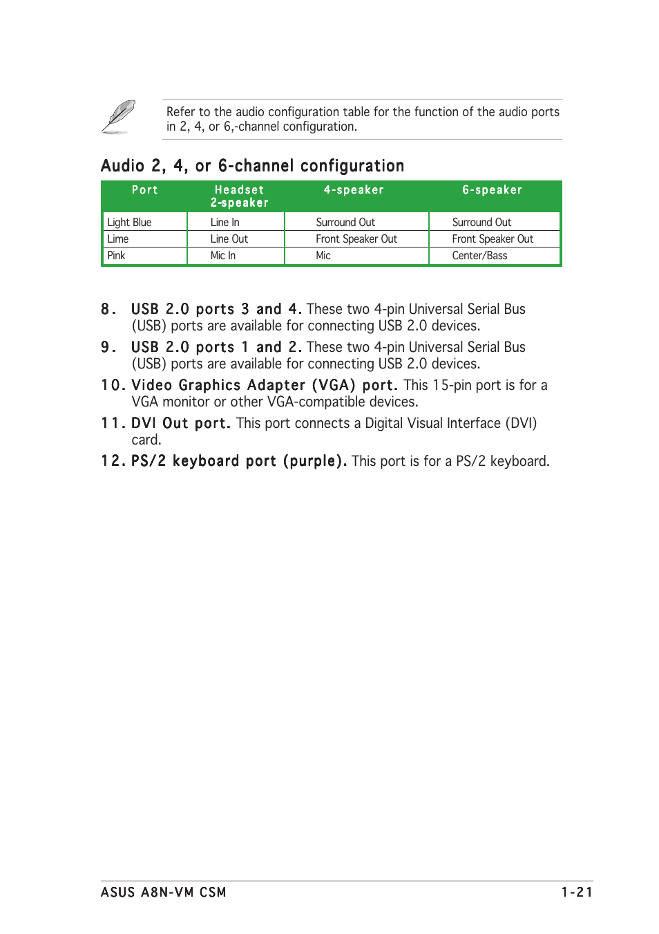 Audio 2, 4, or 6-channel configuration | Asus A8N-VM CSM/NBP User Manual | Page 31 / 86