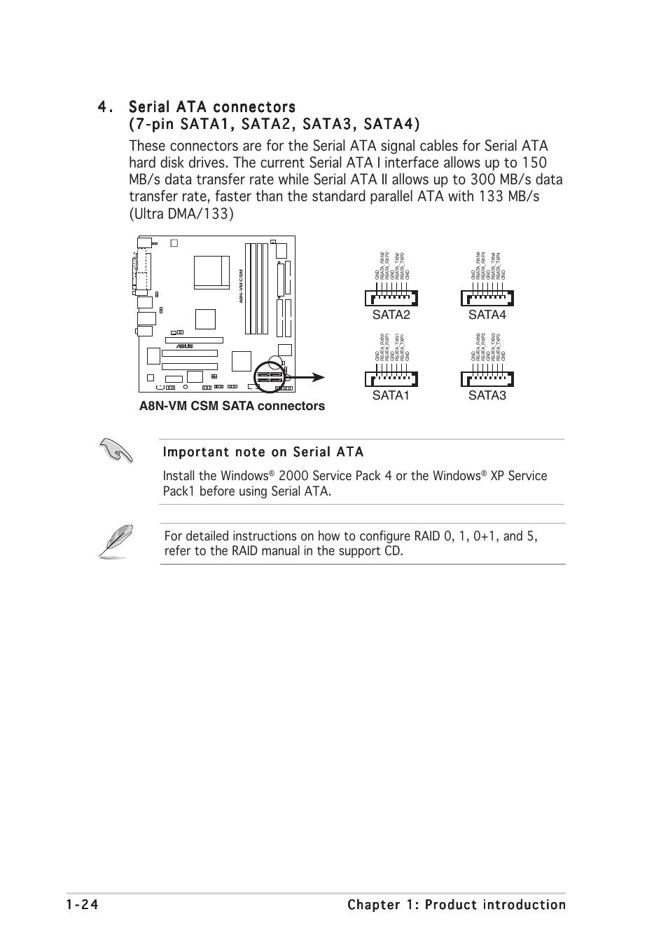 Xp service pack1 before using serial ata, A8n-vm csm sata connectors sata1 sata2 | Asus A8N-VM CSM/NBP User Manual | Page 34 / 86