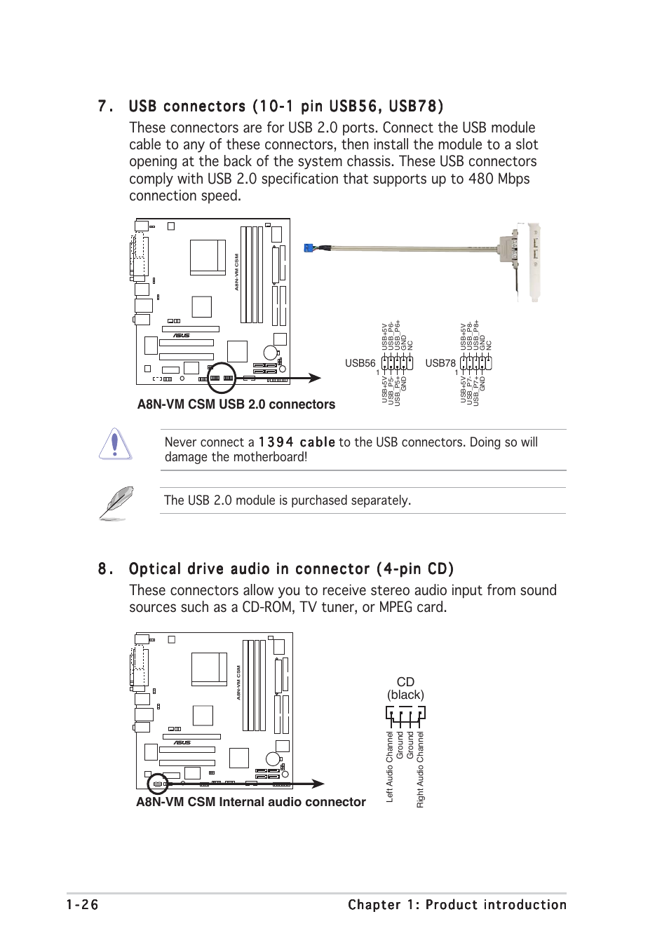 A8n-vm csm usb 2.0 connectors | Asus A8N-VM CSM/NBP User Manual | Page 36 / 86